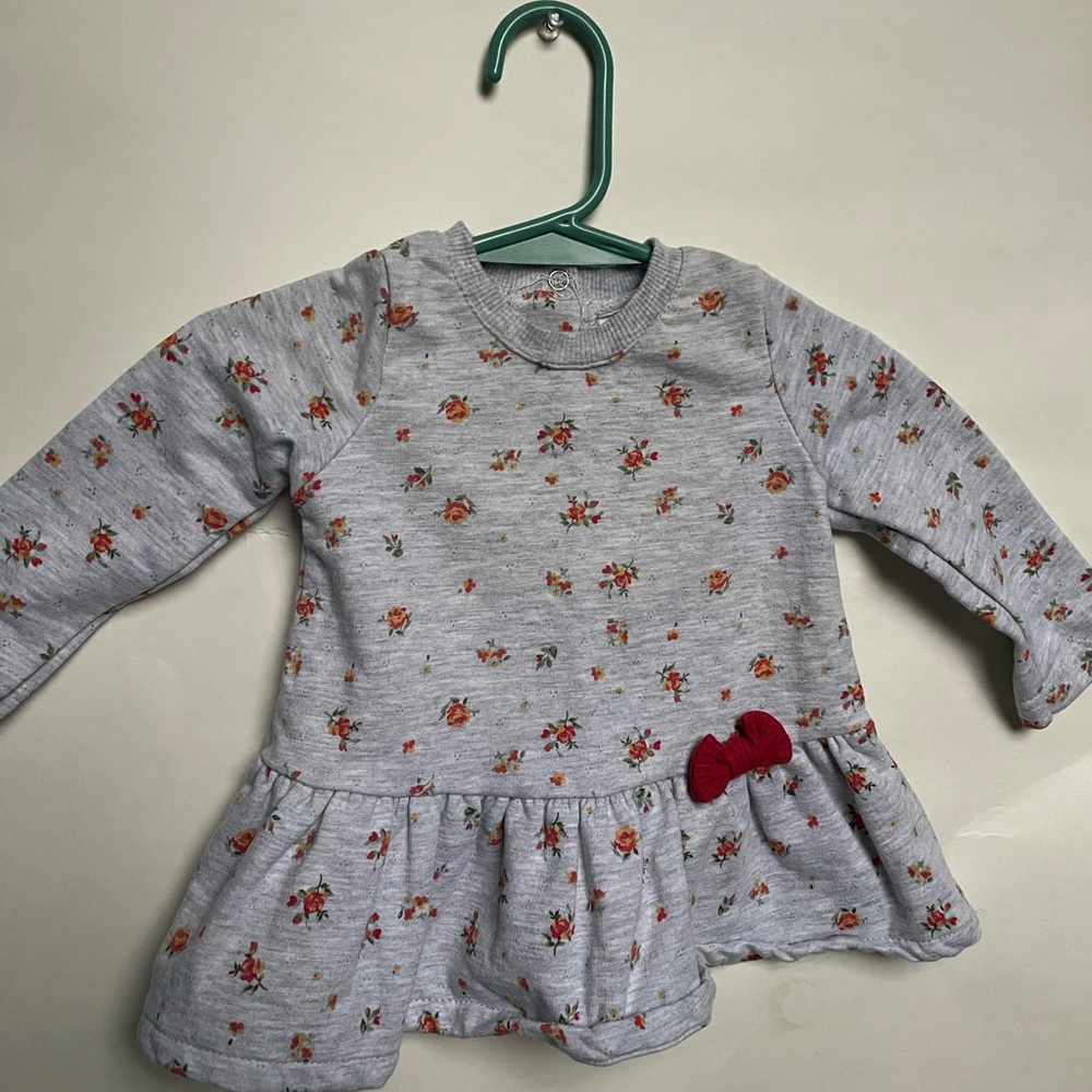 Laura Ashley Floral Gray Baby Dress with Red Bow